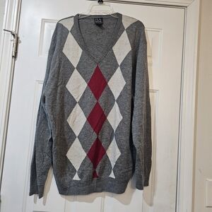 Jos. A. Bank Gray and Red Argyle V-Neck Sweater Preppy Old Money Size XL